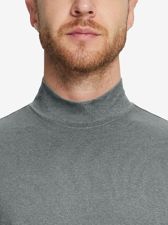 Close-up collar view from nose to chest, showing fine fabric texture of the Black Grey Heather turtleneck.