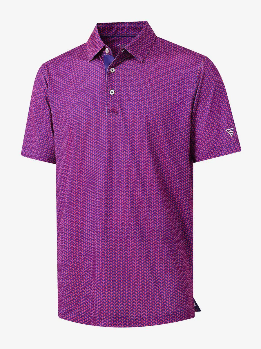 3D view of MAELREG Performance Jersey Print Polo in Purple Red Buffalo – breathable golf fabric
