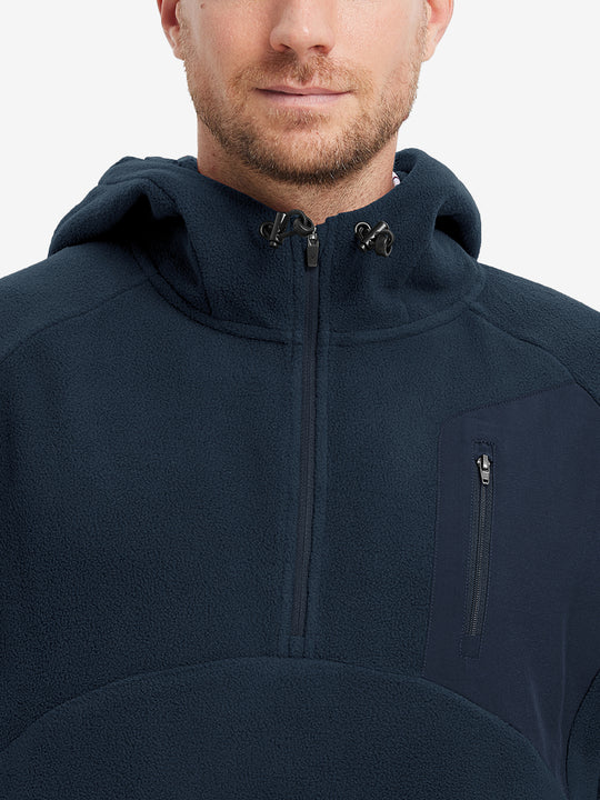 Collar detail from nose to chest, showing texture and zipper finish of the Navy fleece top.