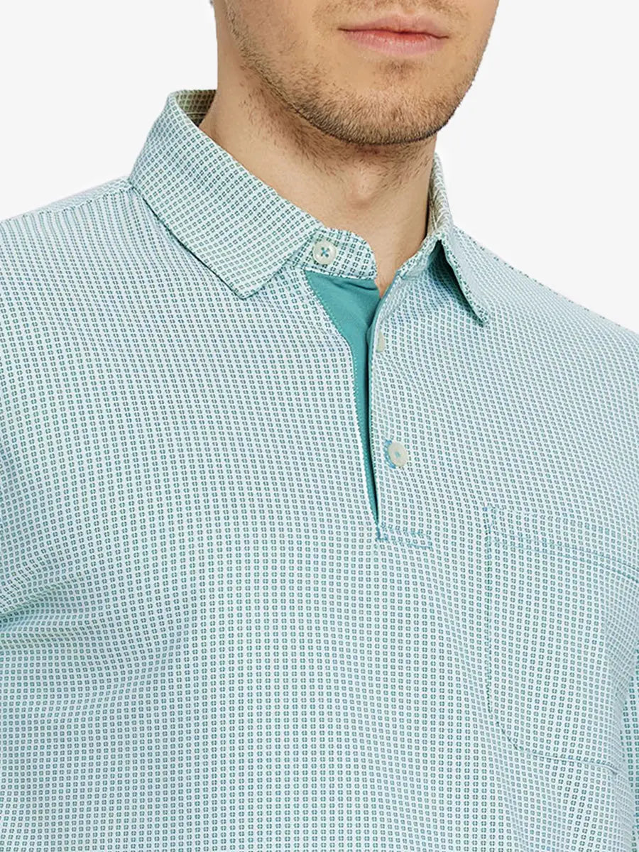 Model front view from nose to chest in EMERALD Elegant Performance Jacquard Polo