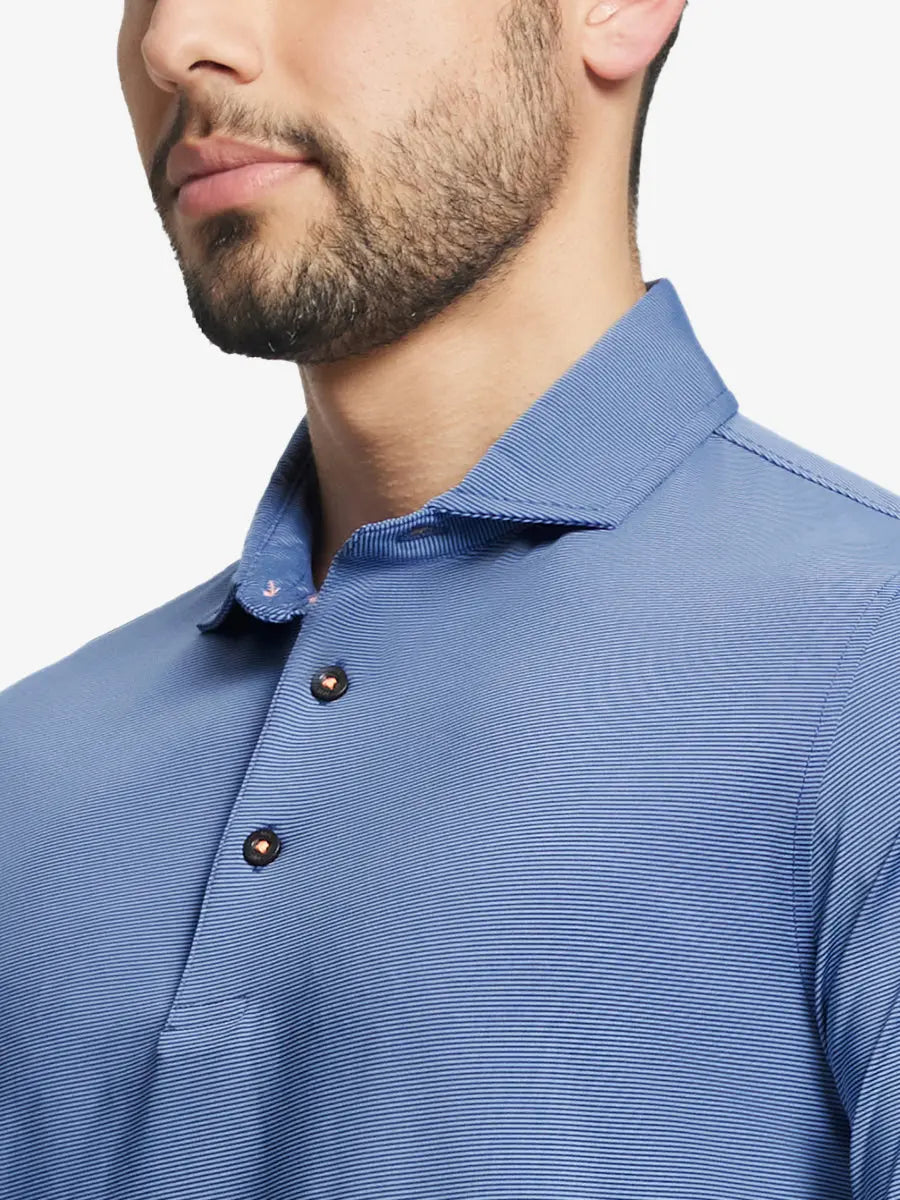 BLUE DENIM STRIPE Pinstripe Jersey Performance Polo front view from nose to chest								
