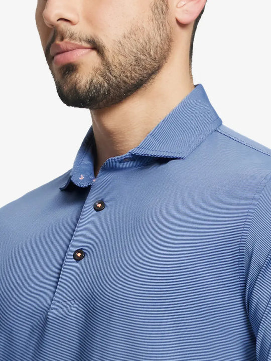 BLUE DENIM STRIPE Pinstripe Jersey Performance Polo front view from nose to chest								
