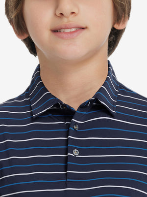 Front upper collar view of kids stylish stripe polo shirts, neat placket in navy stripe tone