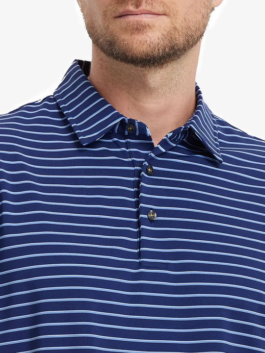Front chest view of DARK BLUE/LIGHT BLUE STRIPE Polo in classic yarn-dyed pattern