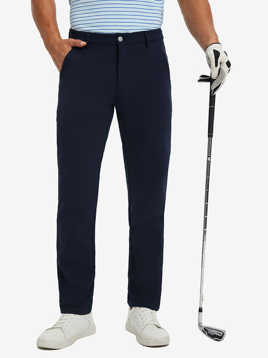 3D front view of model with golf club wearing lightweight moisture wicking dress pants in navy.