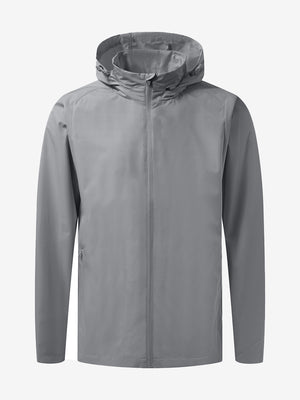 Lightweight water-repellent softshell hooded jacket in neutral grey, clean 3D front view highlighting sleek outdoor design.