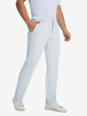 Soft lightweight casual golf pants with 5 pockets in misty grey, front lower-body view with relaxed fit.