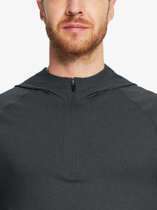 Close-up of collar detail from nose to chest, highlighting fabric and stitching of Dark Grey Heather hoodie.