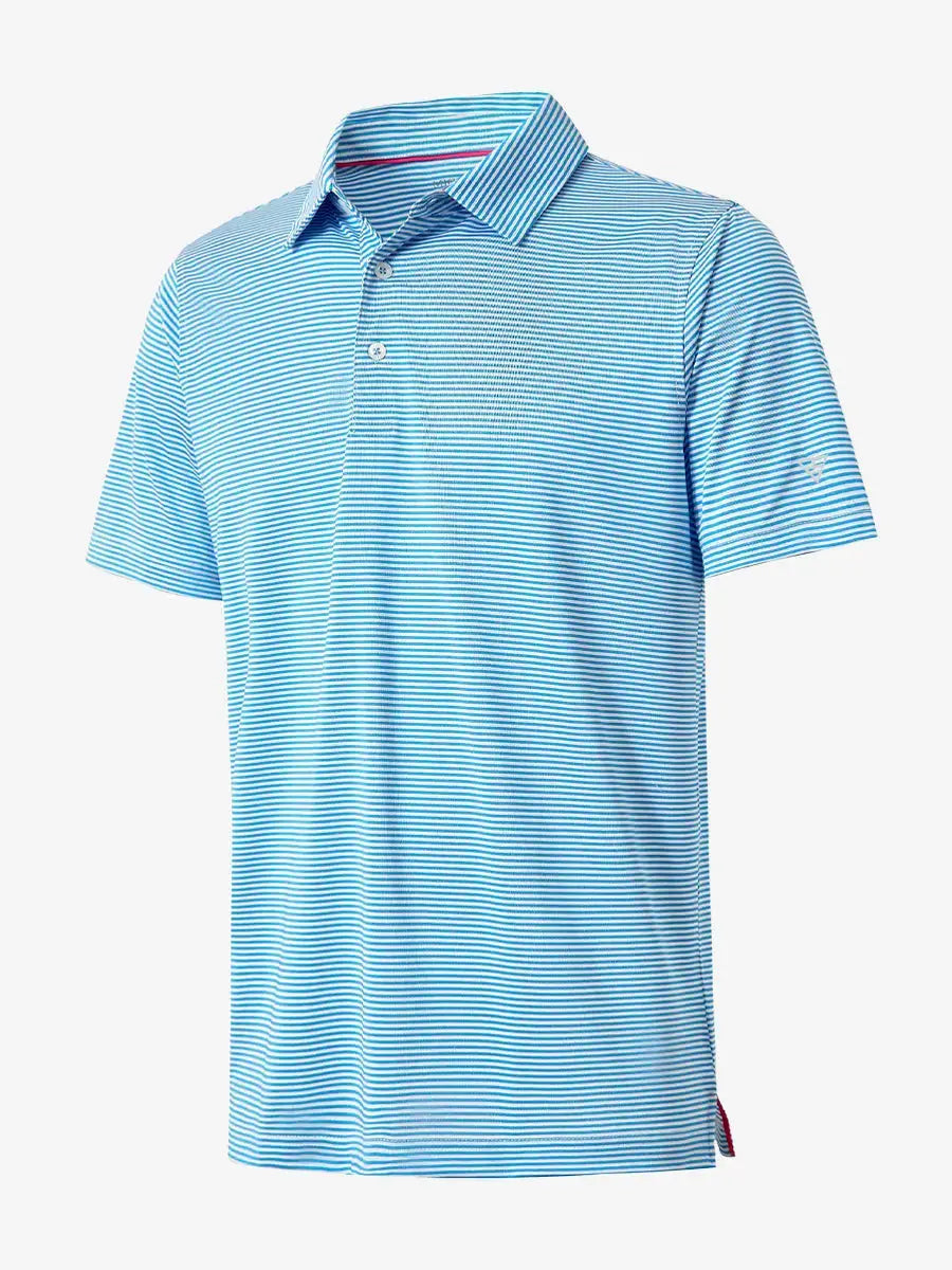 3D visualization of Cooling Stripe Golf Shirt in SKY BLUE STRIPE, emphasizing stripe pattern and texture