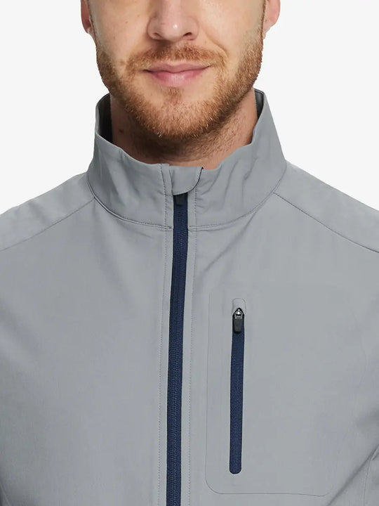 Model wearing the light green windproof golf vest, showcasing its vibrant color and practical features.