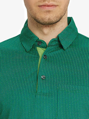 Model front view from nose to chest in GREEN Elegant Performance Jacquard Polo