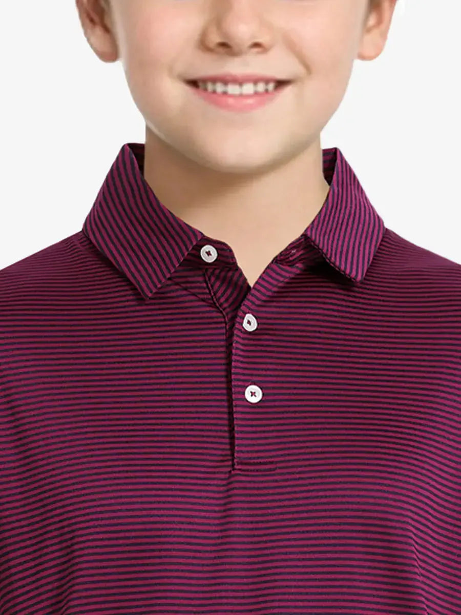 MAELREG Youth Cooling Polo – front upper-body close-up in Maroon Stripe