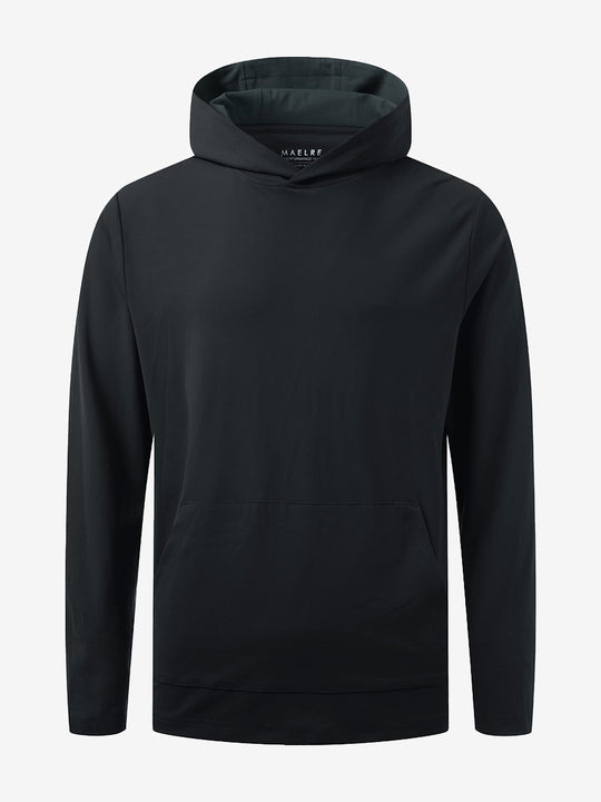 3D front view of youth long sleeve hoodied with kangaroo pocket in black, showing clean design.
