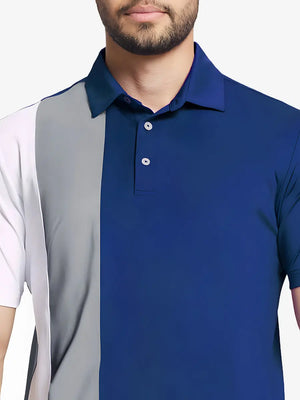 Front half-body view from nose to chest of model wearing KLEIN BLUE Moisture Wicking Color Block Polo Shirt.