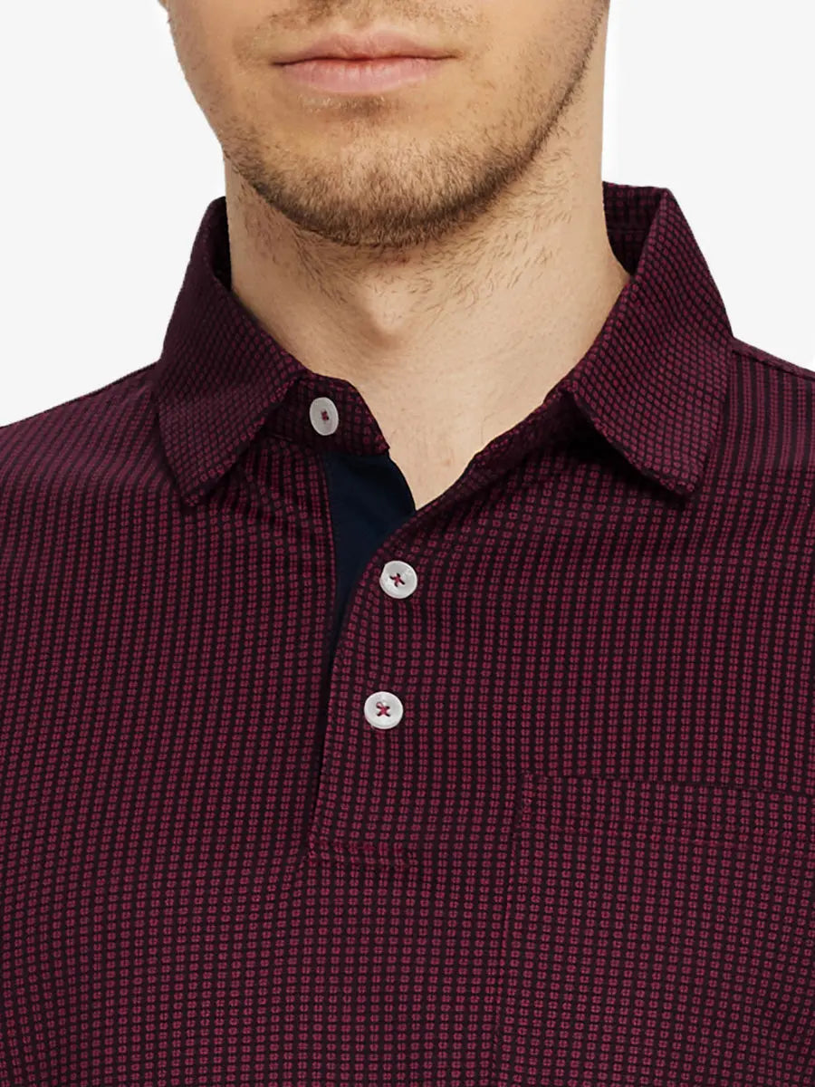 Model front view from nose to chest in RED Elegant Performance Jacquard Polo