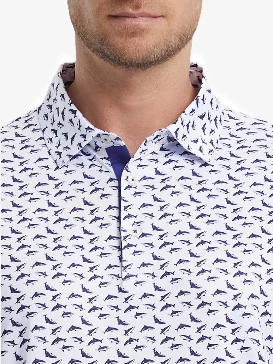 MAELREG Men's Performance Jersey Print Polo – Front chest view in White Purple Shark