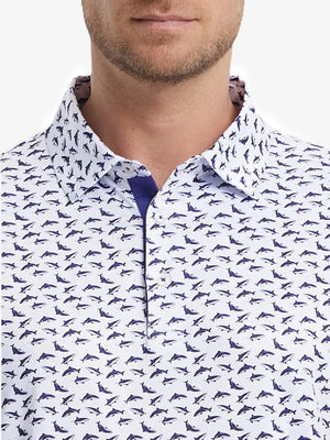 MAELREG Men's Performance Jersey Print Polo – Front chest view in White Purple Shark