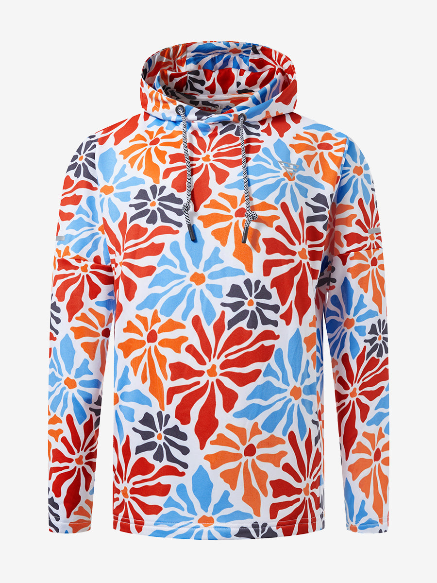 Front 3D view of youth full print hoodies pullover showing detailed fabric and fit, colorful flower.