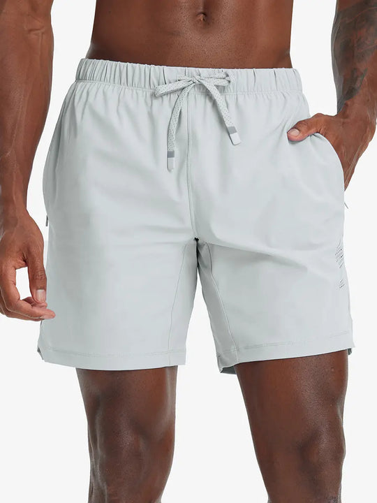 Front lower-body view from waist to knees of model wearing GLACIER GREY 2 in 1 Running Sports Shorts with Liner