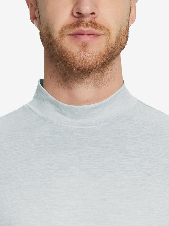 Close-up collar view from nose to chest, showing fine fabric texture of the Light Grey Heather turtleneck.