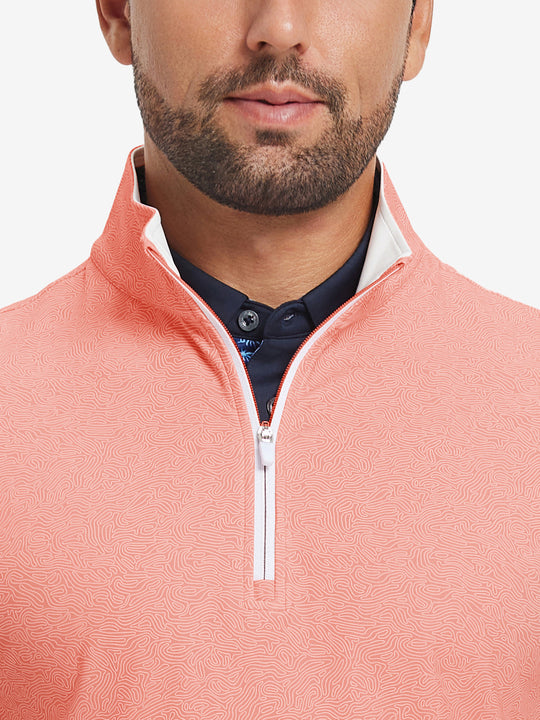 Close-up from nose to chest, showing zipper collar detail and fabric pattern of the red line pullover.
