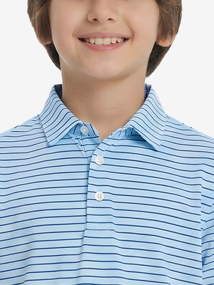 Front collar upper body of youth performance golf polos, clean neckline and light blue/cobalt stripe detail
