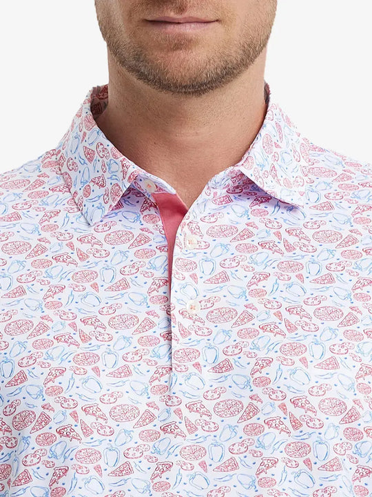 MAELREG Men's Performance Jersey Print Polo – Front chest view in White Pizza