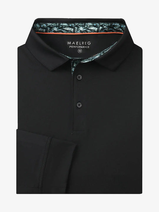 Folded view of BLACK Long Sleeve Solid Jersey Polo showing fabric texture and neat folds