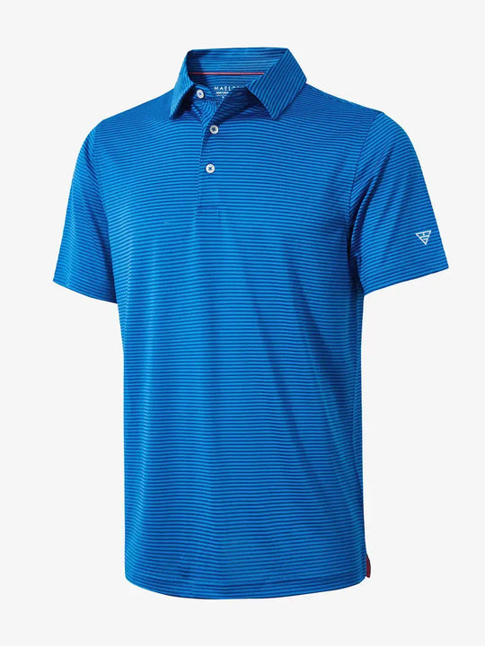 3D view of COBALT STRIPE shirt showing deep cobalt base with clean, athletic stripe layout