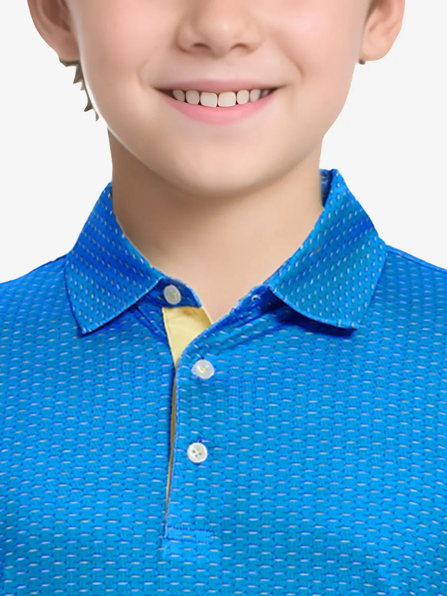 Close-up front view from nose to chest of boy in BLUE SWORDFISH golf polo shirt