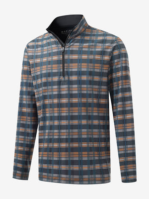 3D front view of the full print quarter zip pullover in blue/white/yellow plaid, showcasing bold and modern style.