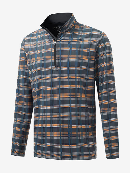3D front view of the full print quarter zip pullover in blue/white/yellow plaid, showcasing bold and modern style.