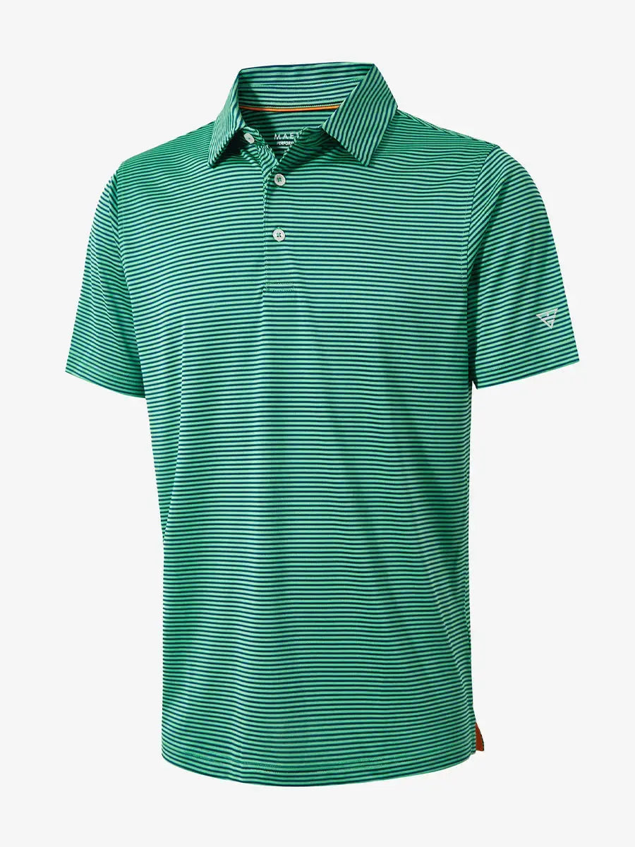 3D view highlighting the Cooling Stripe Golf Shirt’s stripe pattern and design in GREEN STRIPE
