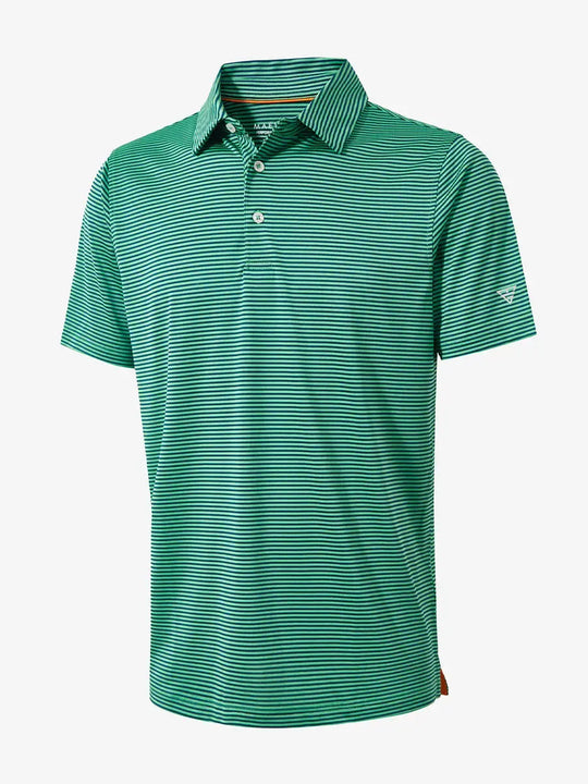 3D view highlighting the Cooling Stripe Golf Shirt’s stripe pattern and design in GREEN STRIPE