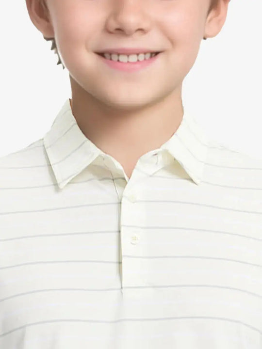 Front half-body view from nose to chest of child wearing BEIGE STRIPE Kids Stylish Stripe Polo Shirt.