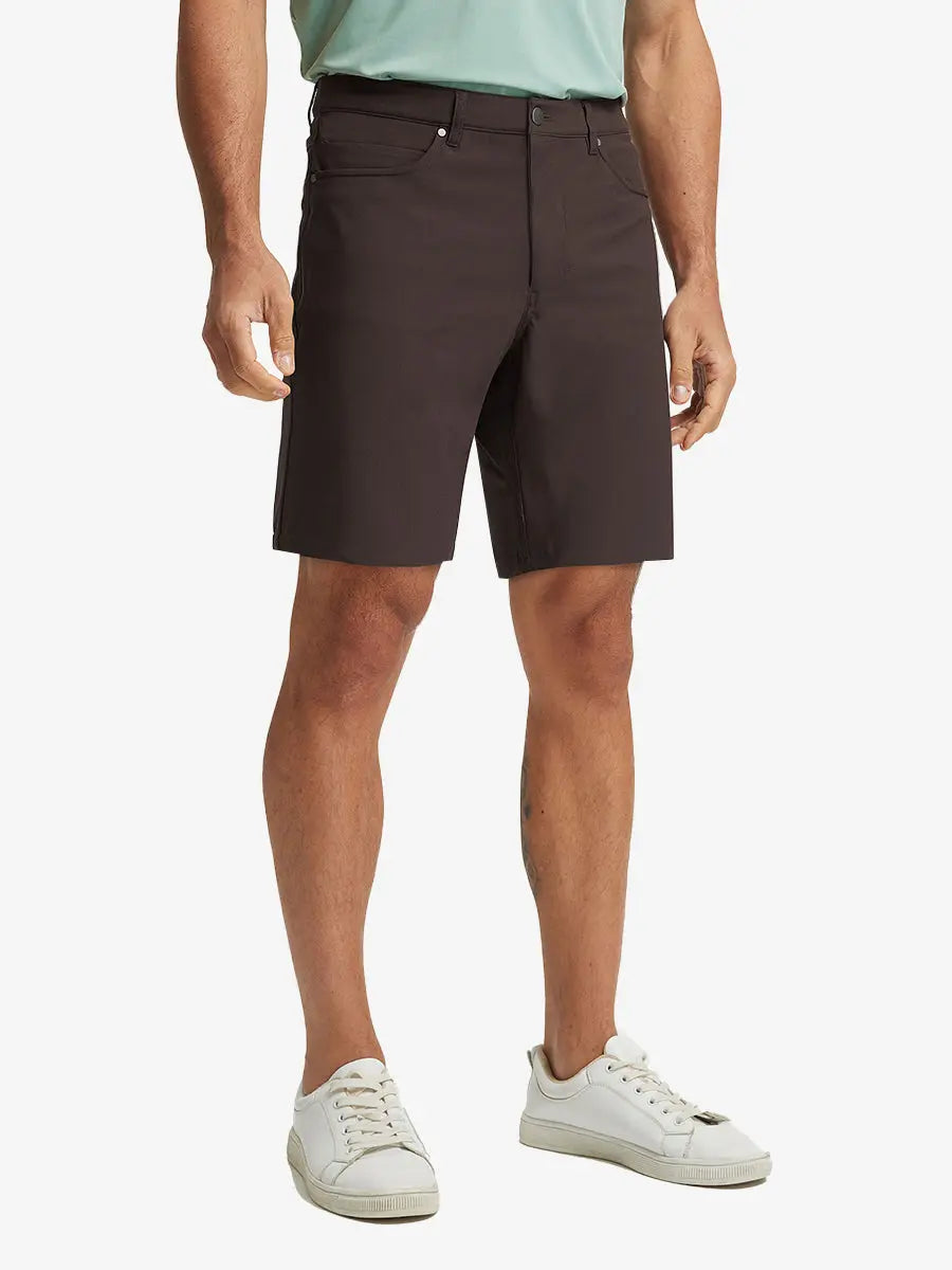 GLACIER GREY 4-way Stretch Performance Solid Shorts, golfer front lower body with club, 9 Inch view