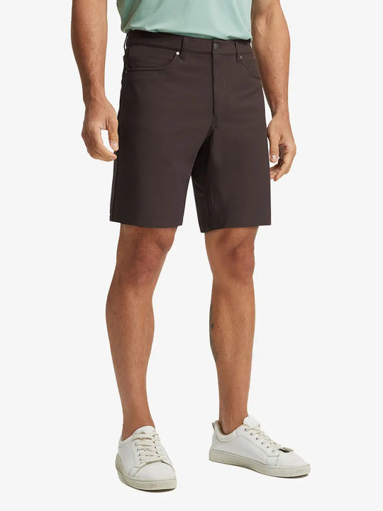 GLACIER GREY 4-way Stretch Performance Solid Shorts, golfer front lower body with club, 9 Inch view