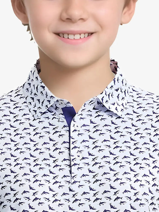 Close-up front view from nose to chest of boy wearing WHITE PURPLE SHARK Performance Print Boys Golf Polo