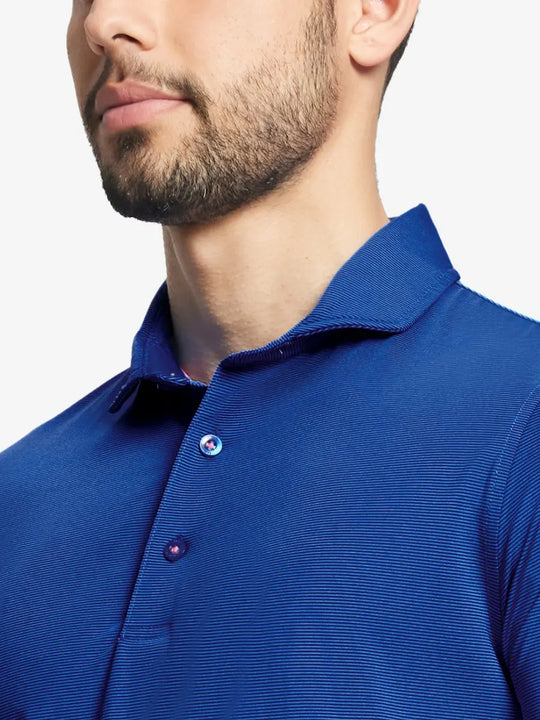 COBALT STRIPE Pinstripe Jersey Performance Polo front view from nose to chest								
