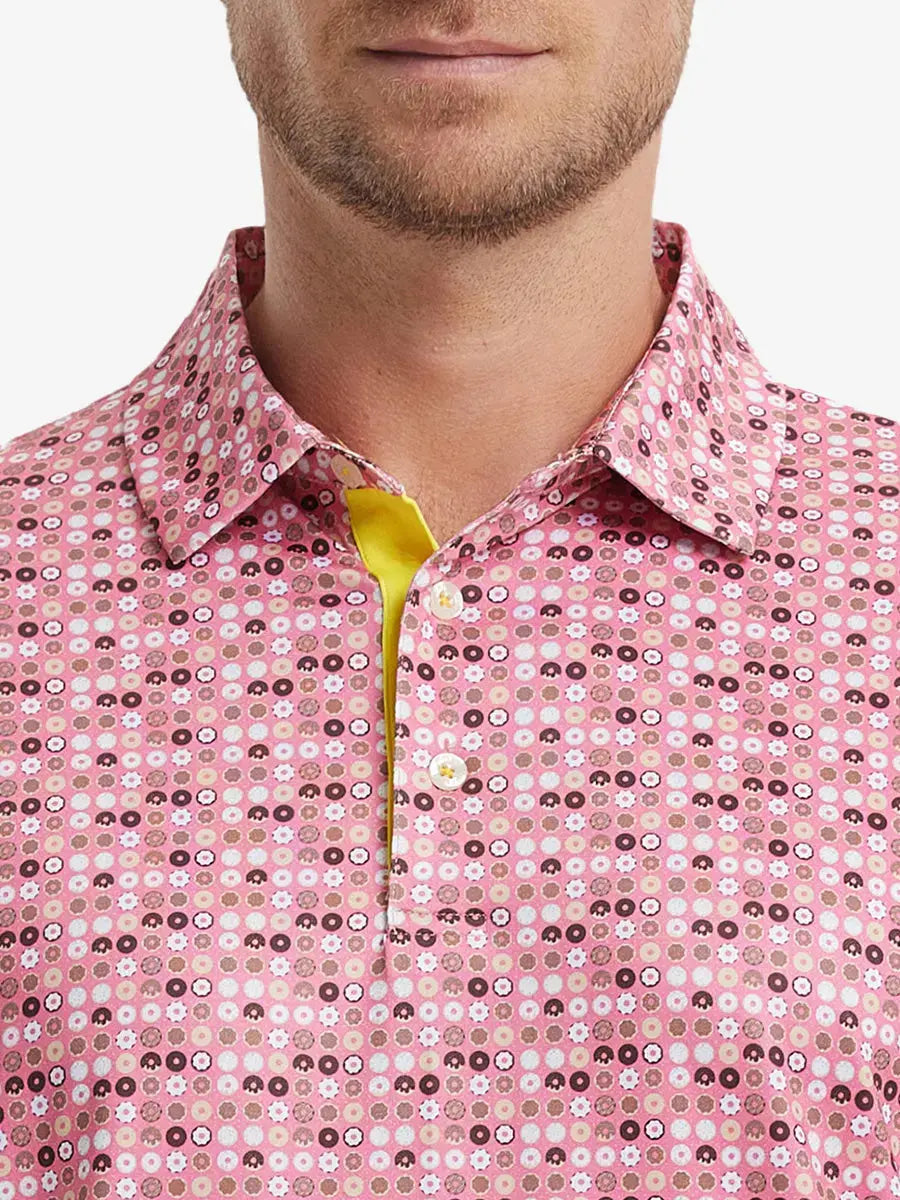 MAELREG Men's Performance Jersey Print Polo – Front chest view in Pink Donut