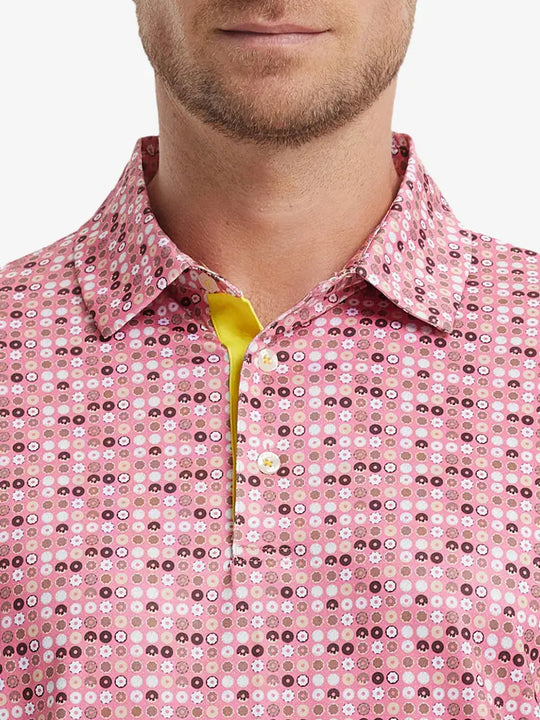 MAELREG Men's Performance Jersey Print Polo – Front chest view in Pink Donut