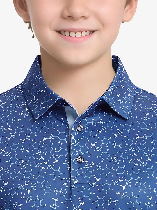 Close-up front view from nose to chest of boy in BLUE MOLECULAR STRUCTURE golf polo shirt