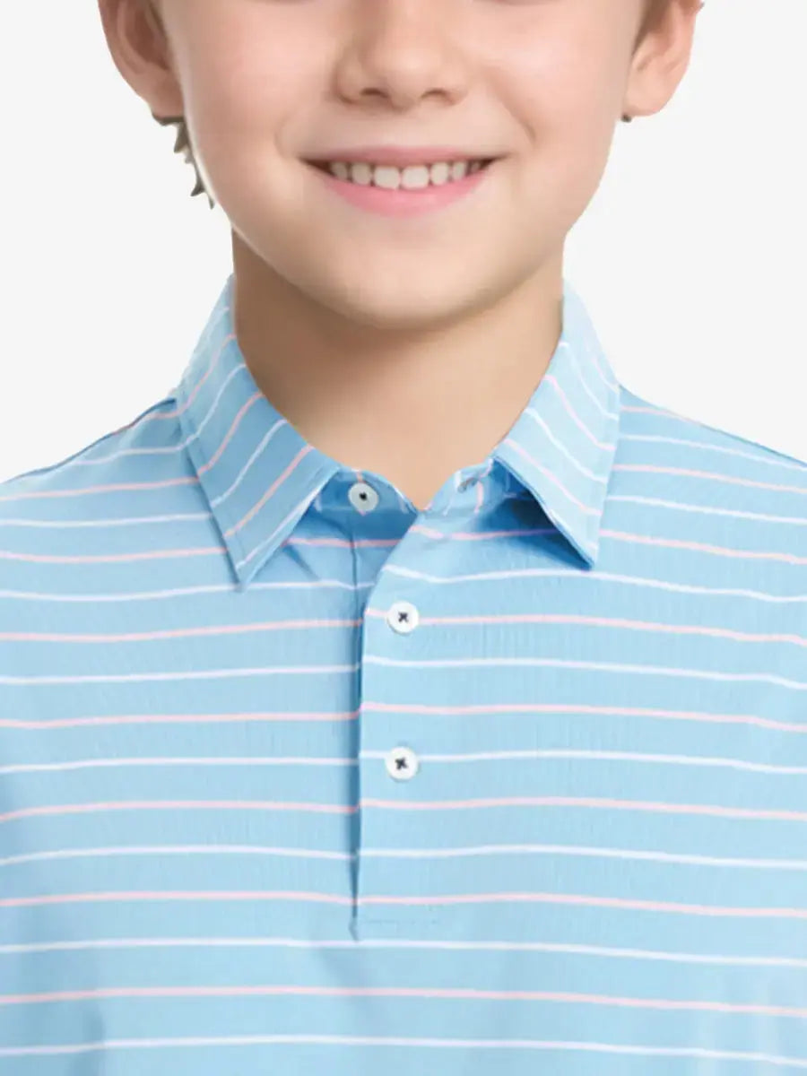 Front half-body view from nose to chest of child wearing MISTY BLUE STRIPE Kids Stylish Stripe Polo Shirt.