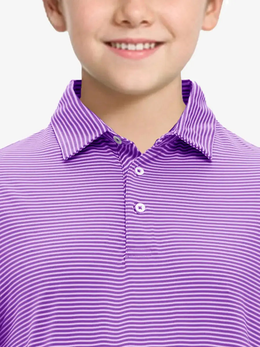 MAELREG Youth Cooling Polo – front upper-body close-up in Lilac Stripe