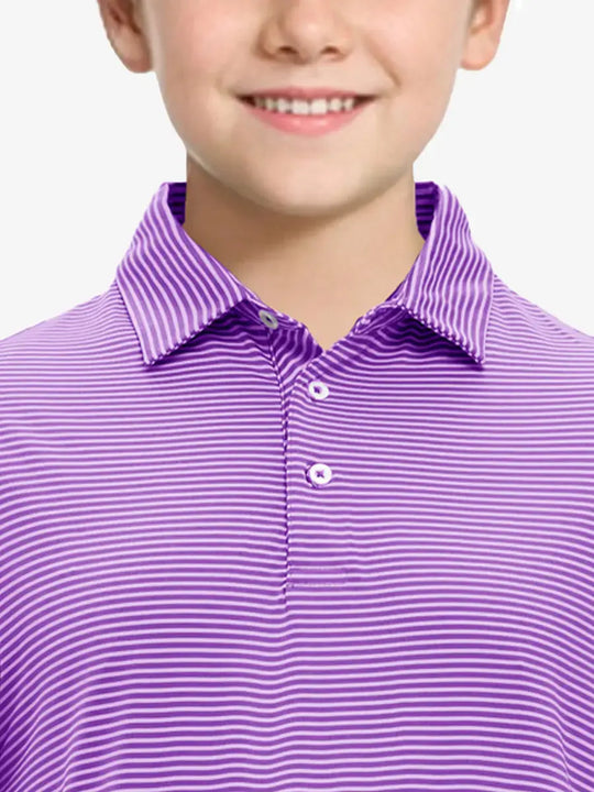 MAELREG Youth Cooling Polo – front upper-body close-up in Lilac Stripe