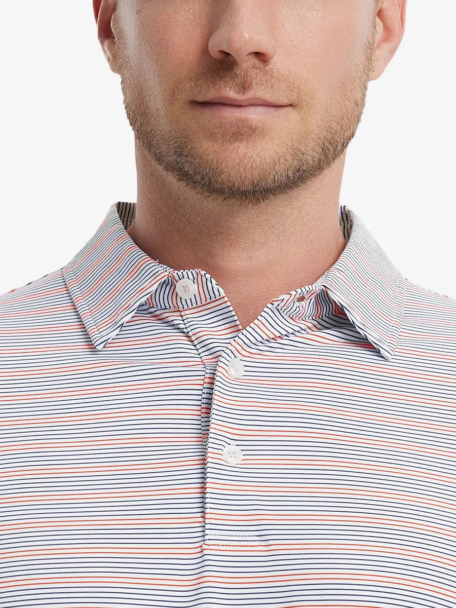 Navy Red Stripe Performance Stripe Golf Shirt – close-up front from model’s nose to chest