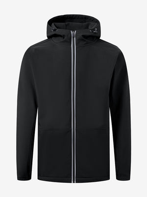 Reflective hooded softshell jacket in black, clean 3D front view highlighting modern design.