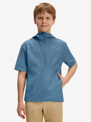 Front waist-up shot of model wearing grey blue water-resistant short sleeve q-zip hoodie for boys