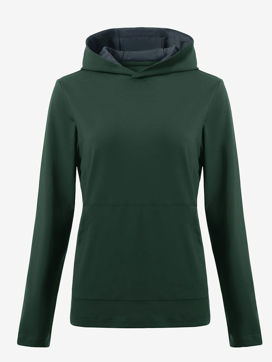 3D front view of women's lightweight hoodies pullover in forest green, showing clean and sporty look.