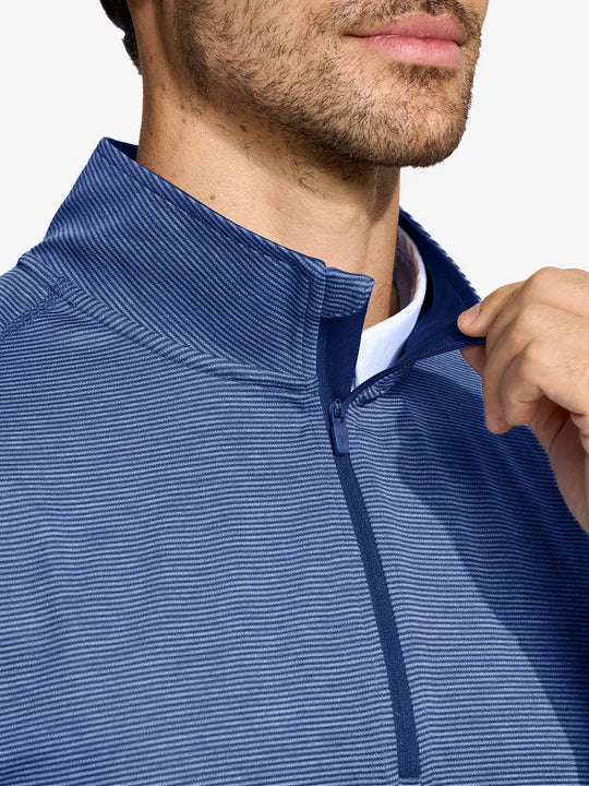 Front view from nose to chest of model wearing Pinstripe Quarter Zip Pullover – GREY BLUE MELANGE